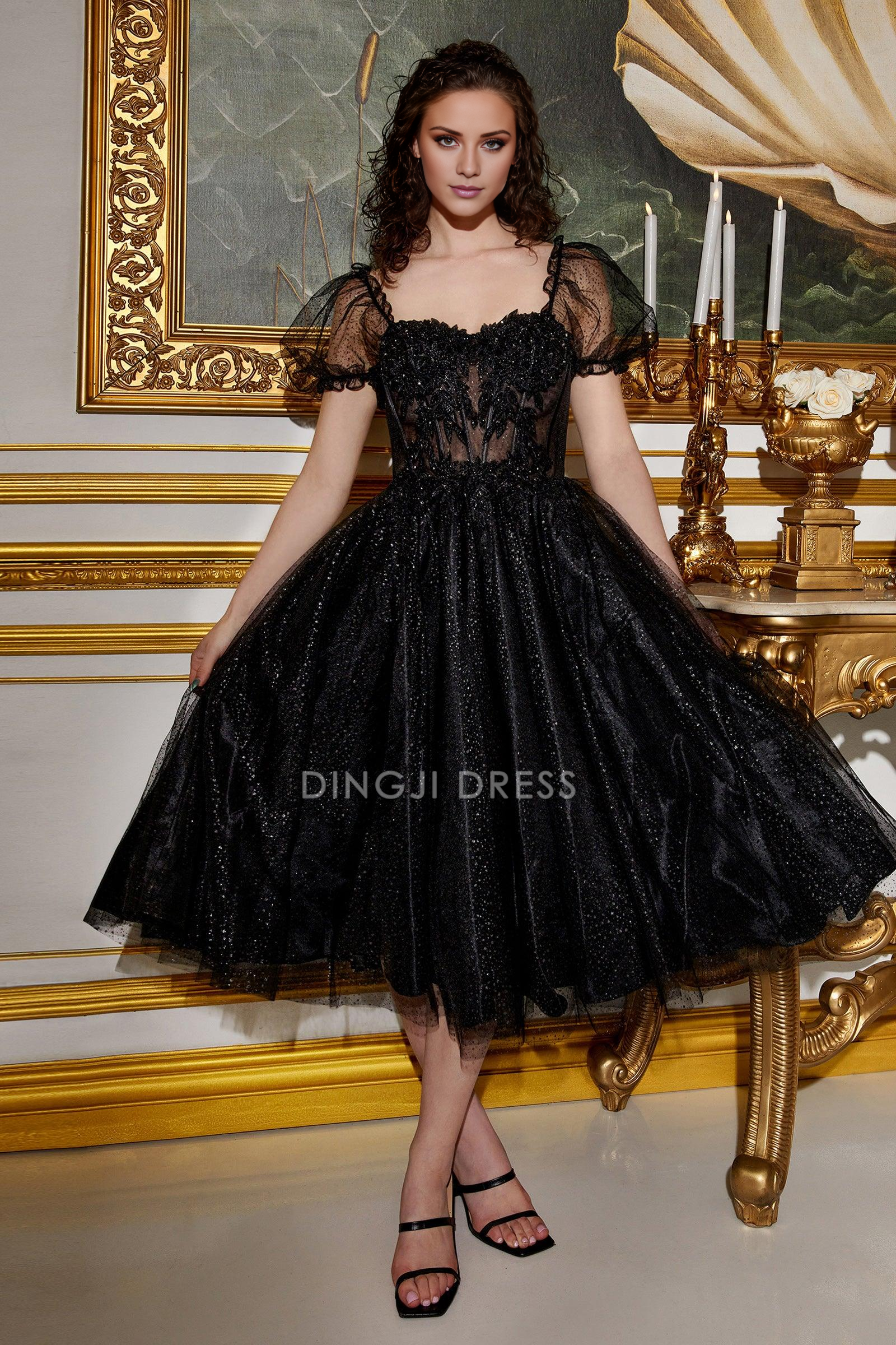 DingJiDress High Quality Dress Evening Dress Sparkle A Line Sweetheart Neckline Short Sleeve Lace Applique Tea-Length  Prom Dress