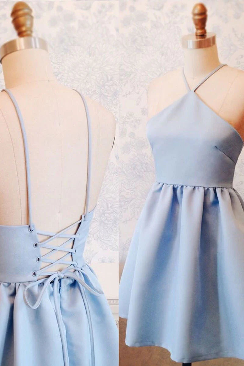 Simple blue backless short prom dress blue homecoming dress