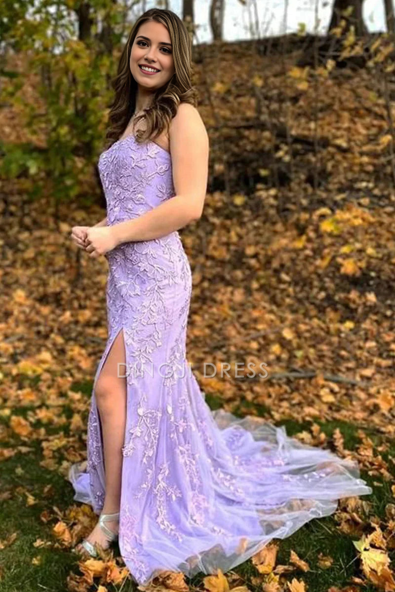 DingJiDress Formal Dress Exquisite Mermaid Sweetheart Strapless Lace Appliques Slit Side Fork Fashion Prom Dress