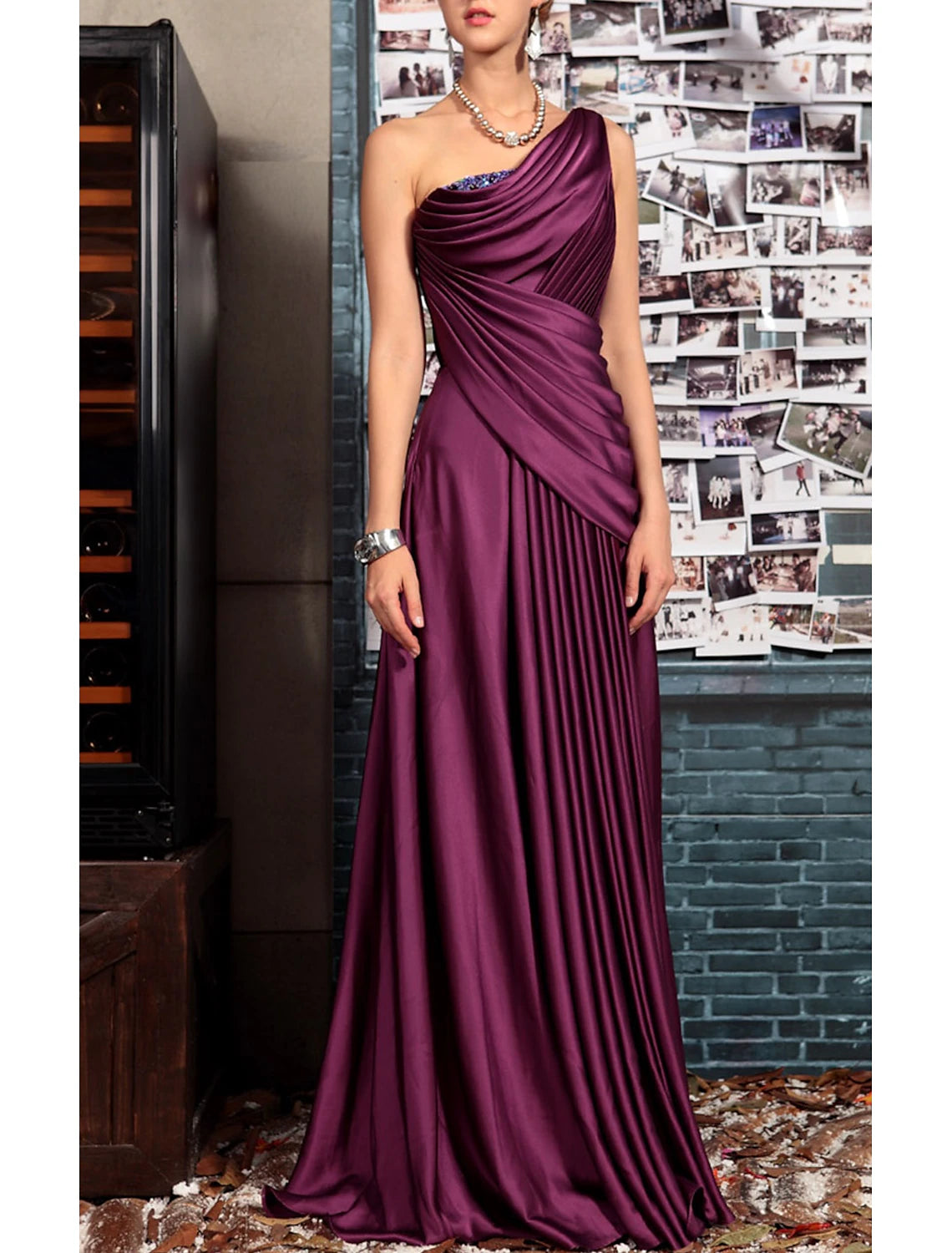 Sheath Evening Gown Elegant Dress Formal Evening Floor Length Sleeveless One Shoulder Fall Wedding Guest Satin Backless with Pleats Crystals Draping
