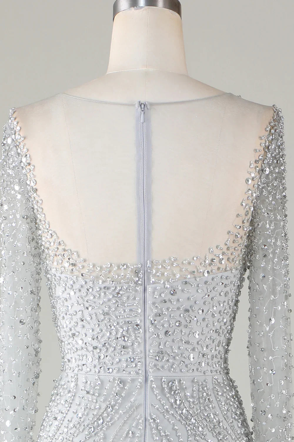 DingJiDress Gorgeous Sparkly Grey Beaded Mermaid Long Prom Dress