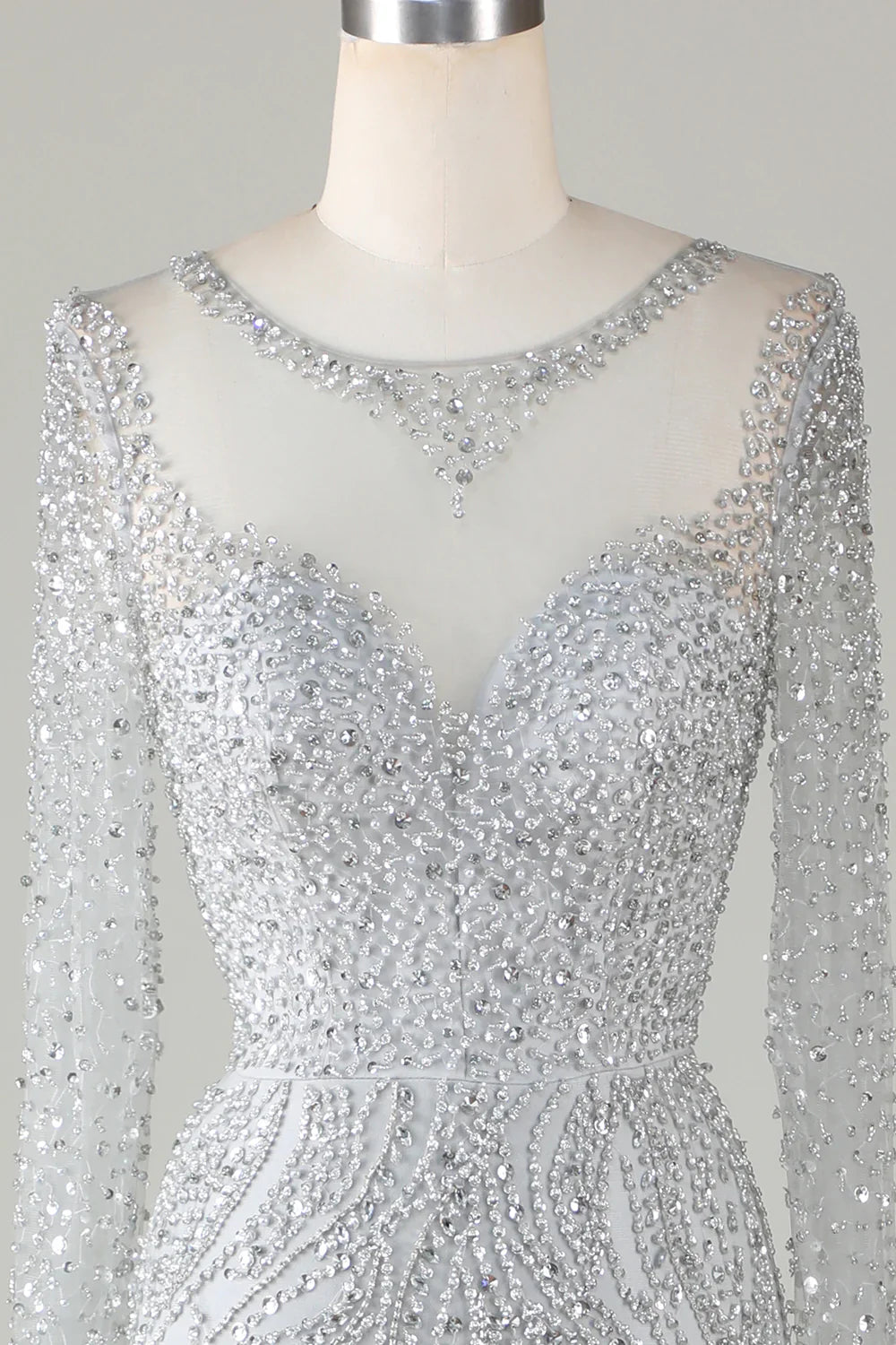 DingJiDress Gorgeous Sparkly Grey Beaded Mermaid Long Prom Dress