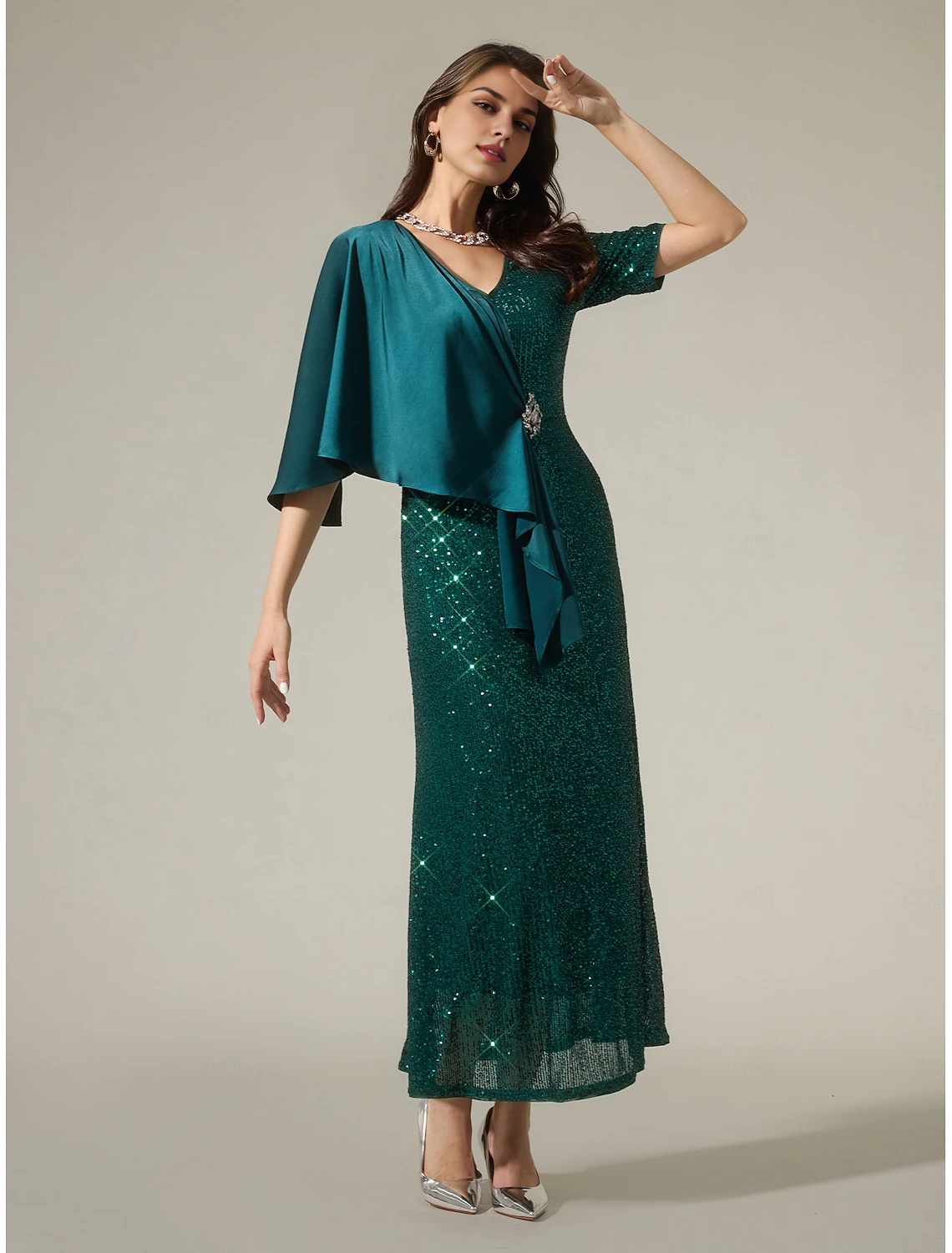 DingJiDress November December Autumn Winter Wedding Guest Dress Satin Sequin Sparkly Mismatched Short Sleeve Sparkly Maxi Dress to impress Christmas Dress Mother of the Groom / Bride Dresses