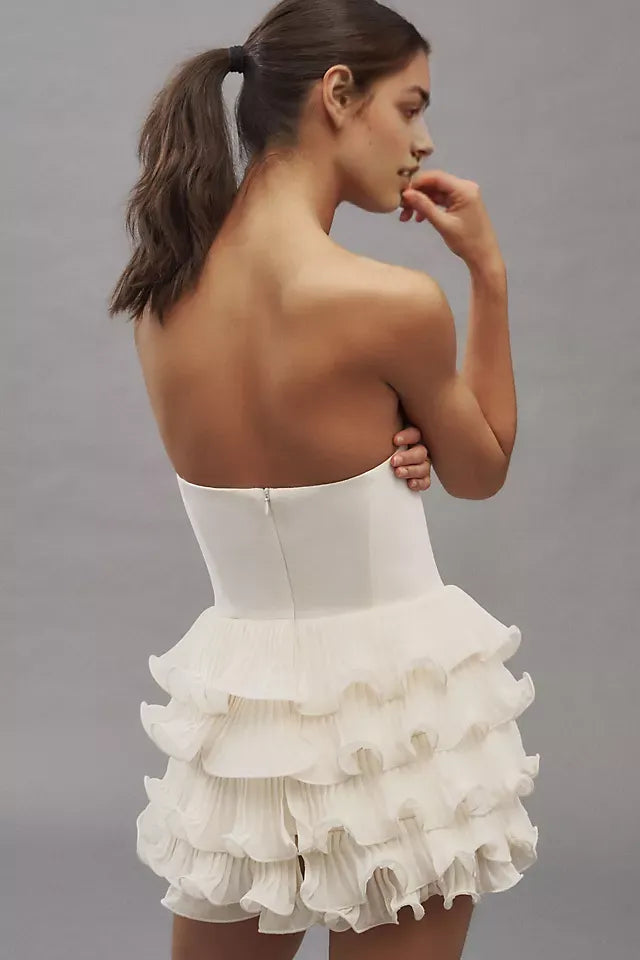White Strapless Homecoming Dresses Featuring Tiered Ruffles and a Flattering Fit Crafted for Unforgettable Back - to - School Looks
