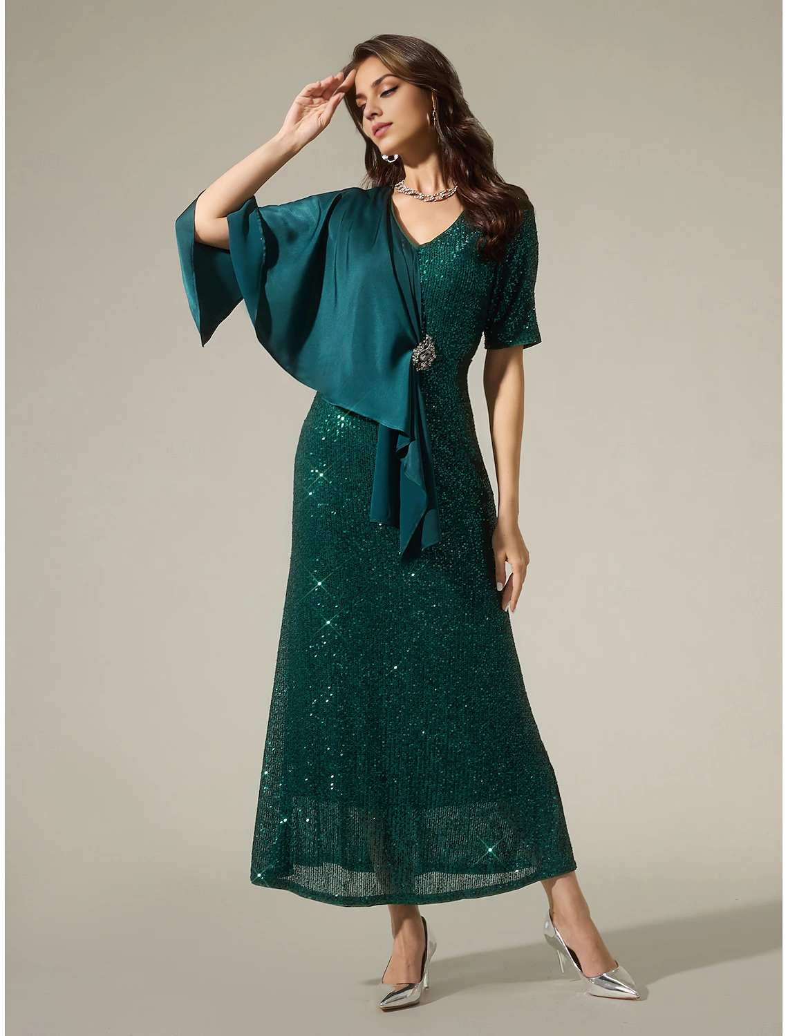 DingJiDress November December Autumn Winter Wedding Guest Dress Satin Sequin Sparkly Mismatched Short Sleeve Sparkly Maxi Dress to impress Christmas Dress Mother of the Groom / Bride Dresses