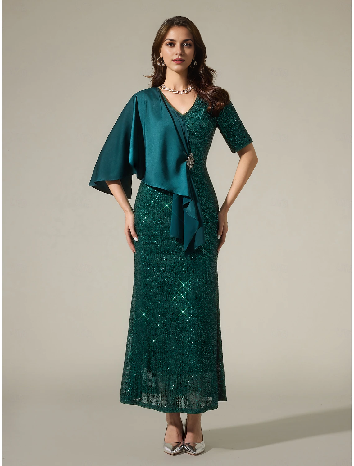 DingJiDress November December Autumn Winter Wedding Guest Dress Satin Sequin Sparkly Mismatched Short Sleeve Sparkly Maxi Dress to impress Christmas Dress Mother of the Groom / Bride Dresses