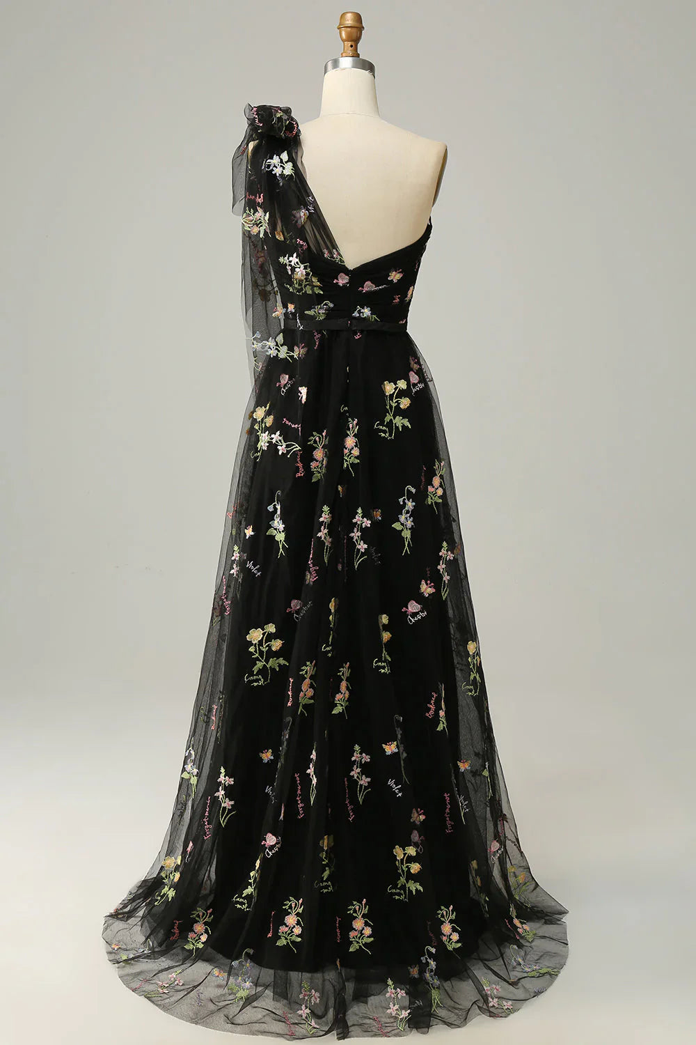 DingJiDress A-Line One Shoulder Black Long Prom Dress With Embroidery