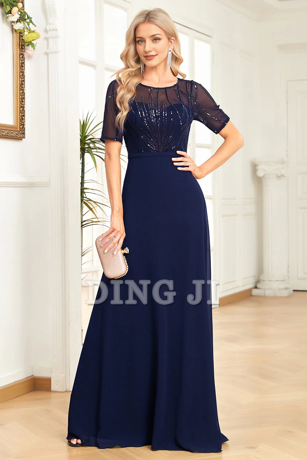 DingJiDress Prom Dress A Line Sparkly Round Neck Sequin Short Sleeves Fashion Elegant Simple Formal Women's Dresses Wedding Guests Dresses