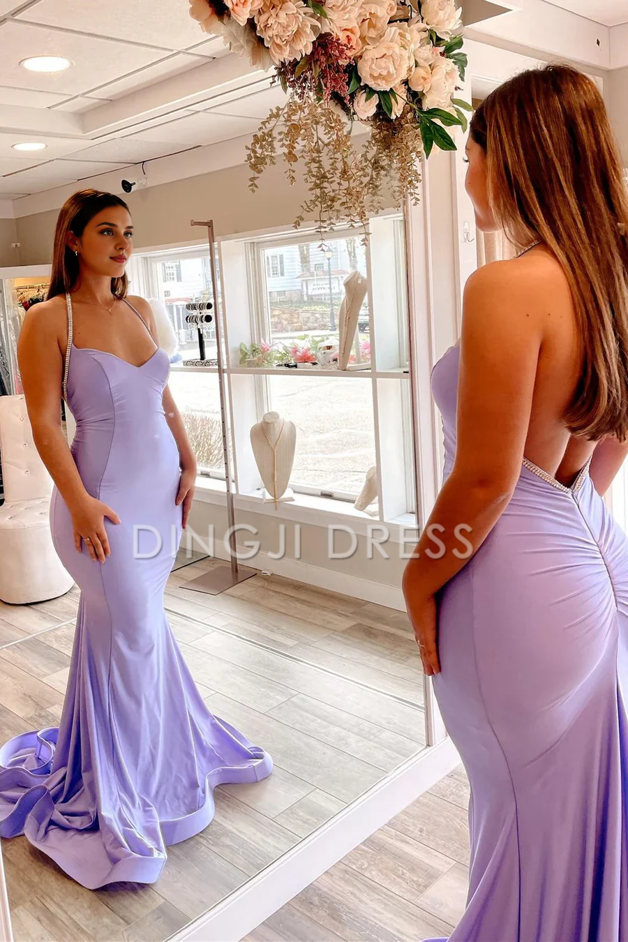 DingJiDress Sexy Mermaid Halter Open Back Long Satin Charming Prom Dress