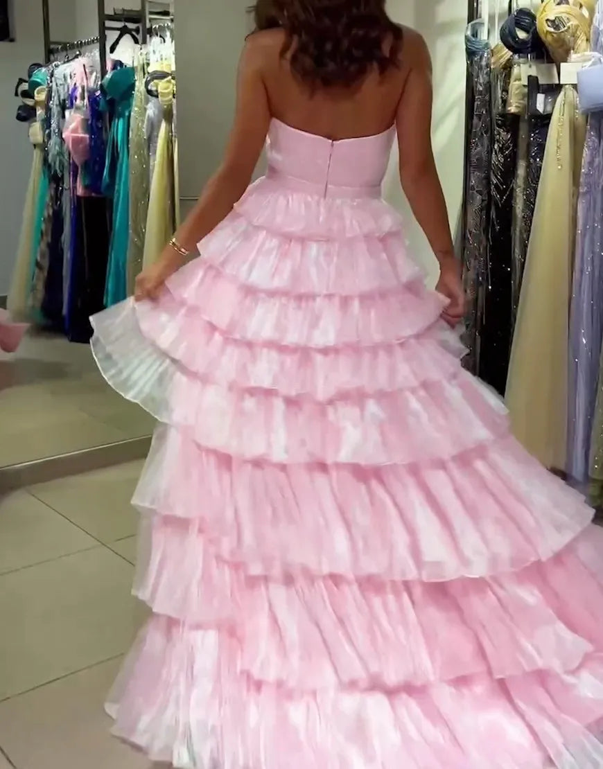 Pink A-line pleated chiffon trailing dance party dress