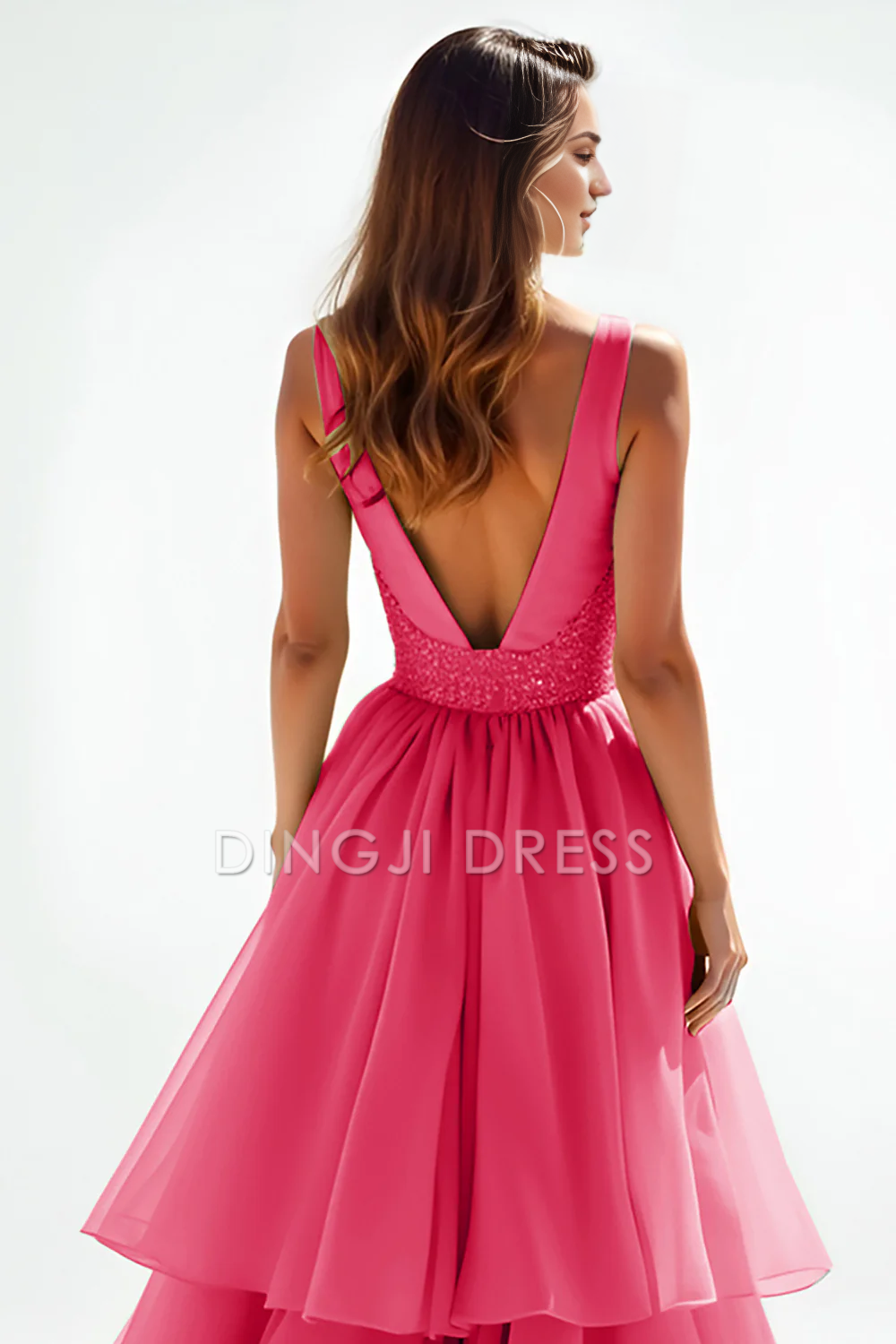 DingJiDress High Quality Dress Exquisite A Line V Neck Backless Tiered Ruched Fashion Long Prom Dress