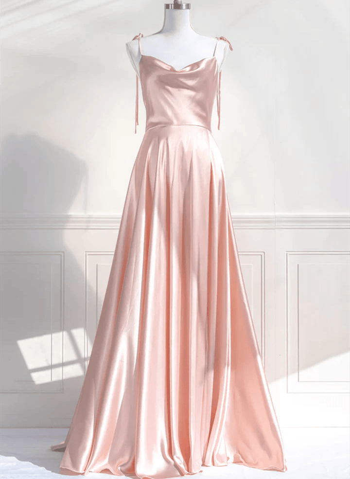 Pink Straps Low Back Long Prom Dress Pink Satin A-line Party Dress
