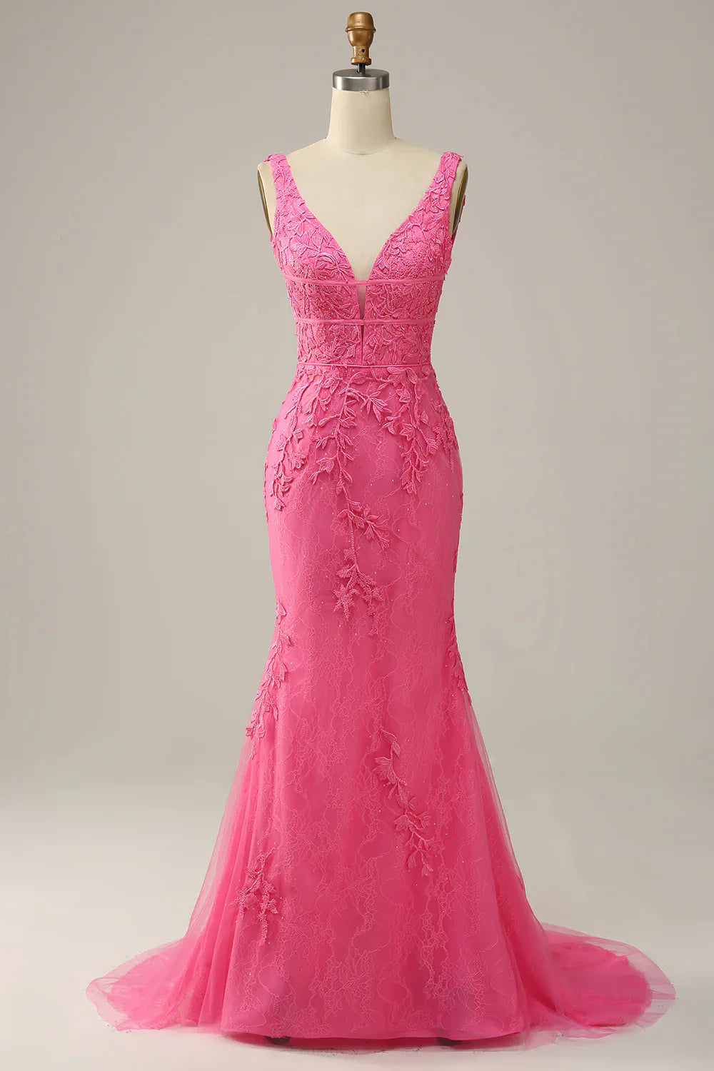 DingJiDress Mermaid Deep V Neck Hot Pink Long Prom Dress with Open Back