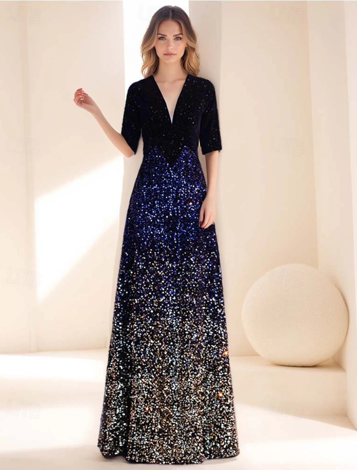 A-line Evening Gown Vintage Dress Formal Wedding Floor Length Half Sleeve V Neck with Ombre Glitter