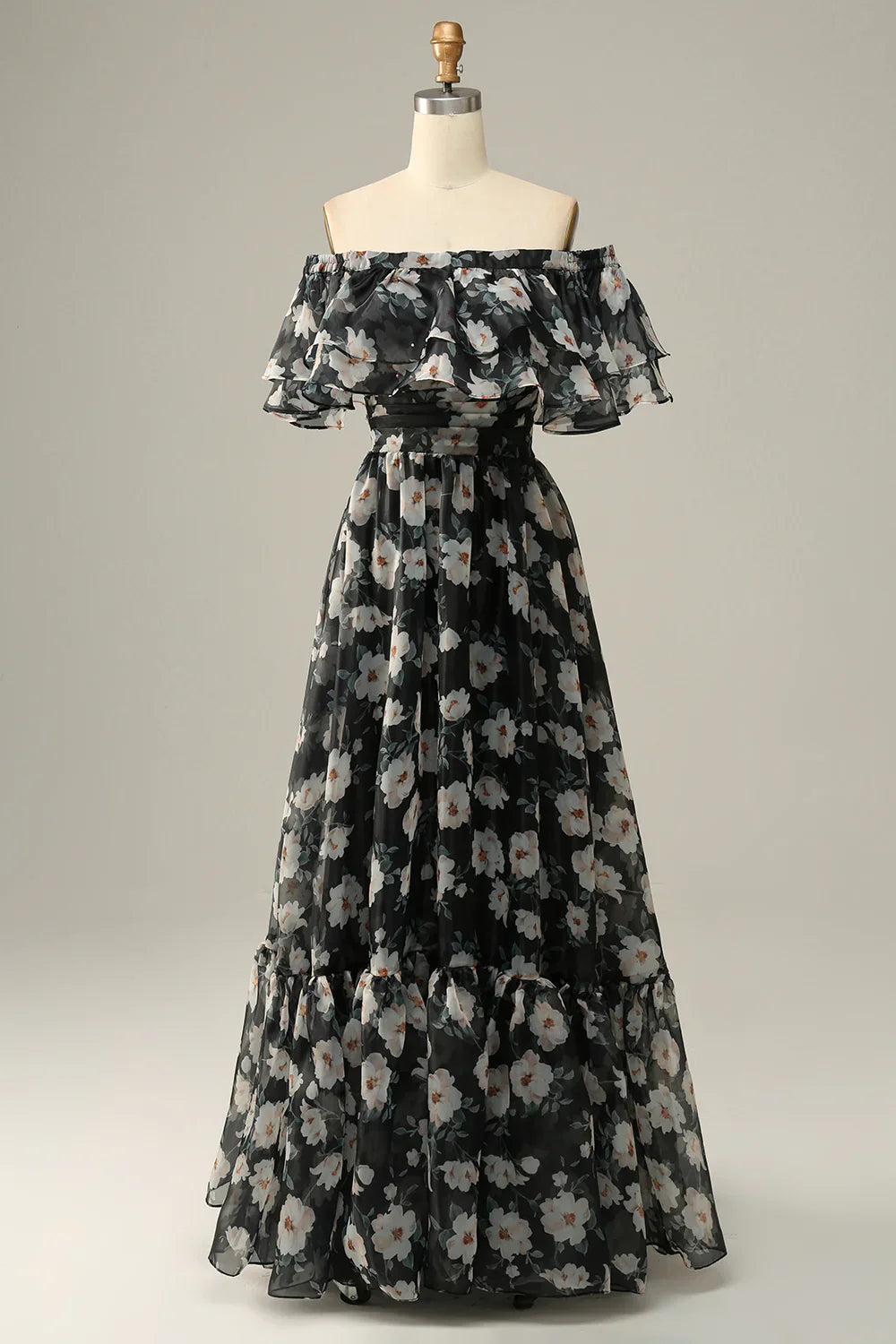 DingJiDress Detachable Strapless Black Flower Off The Shoulder Prom Dress
