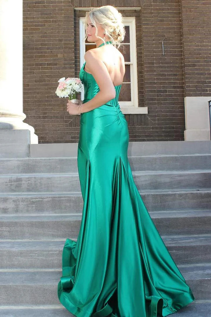 Classy Halter Deep V-Neck Satin Mermaid Prom Formal Dress with Slit