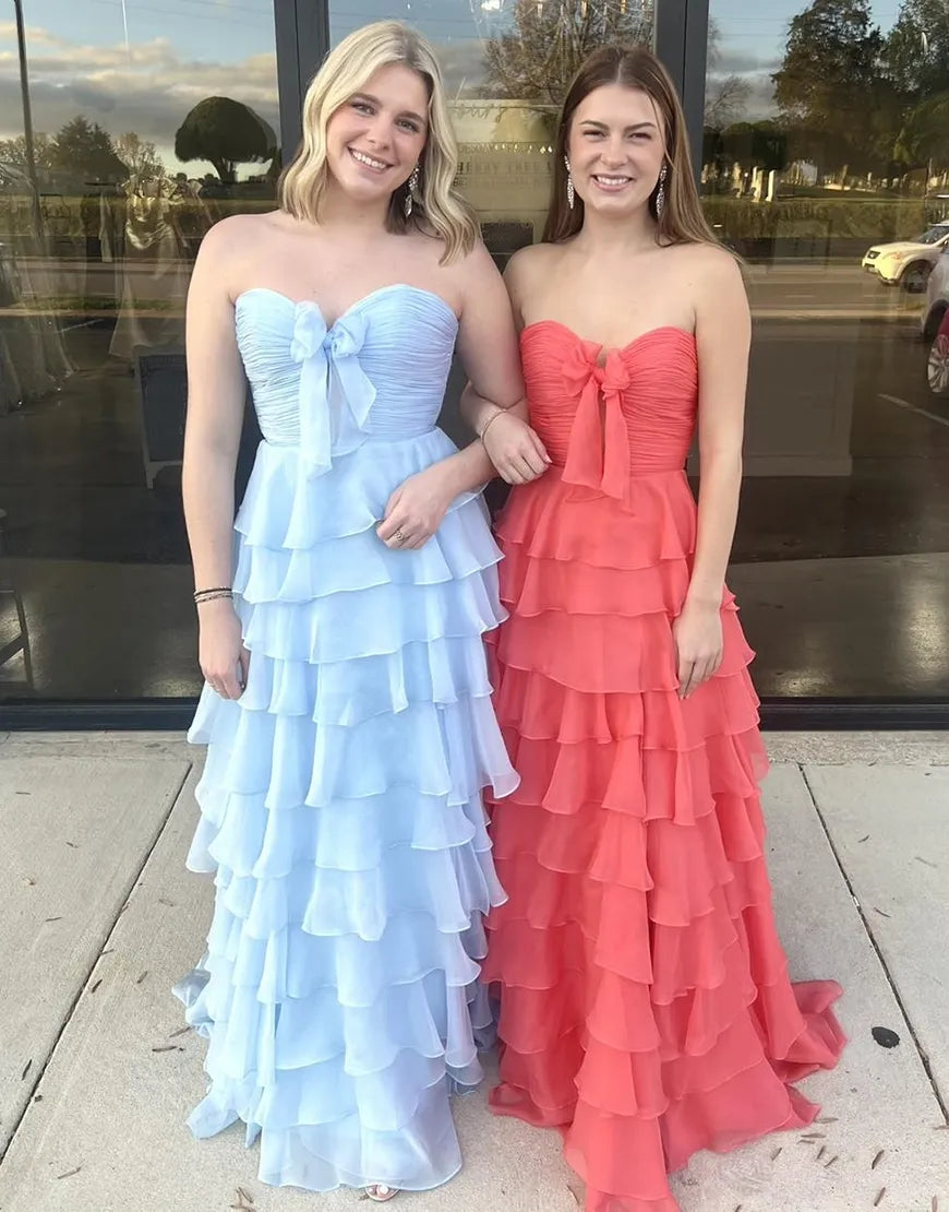 Fashion A-line strapless pleated bow chiffon long ball skirt