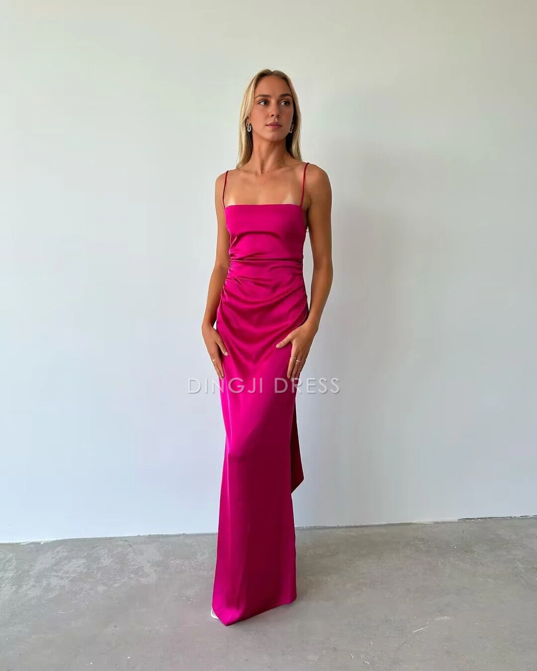 DingJiDress Satin Sheath Spaghetti Strap Sleeveless Backless Charming Exquisite Prom Dress