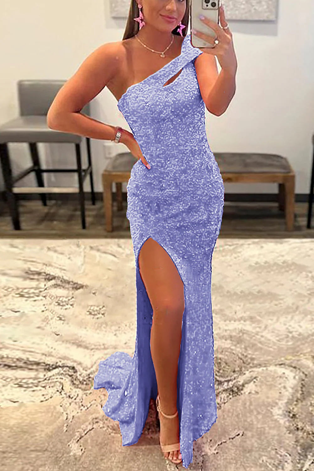 Pink long shoulder slit sequin dance dress