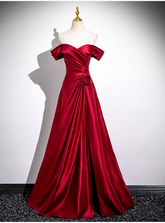 Burgundy Satin Off the Shoulder Pleats Flower Prom Dress