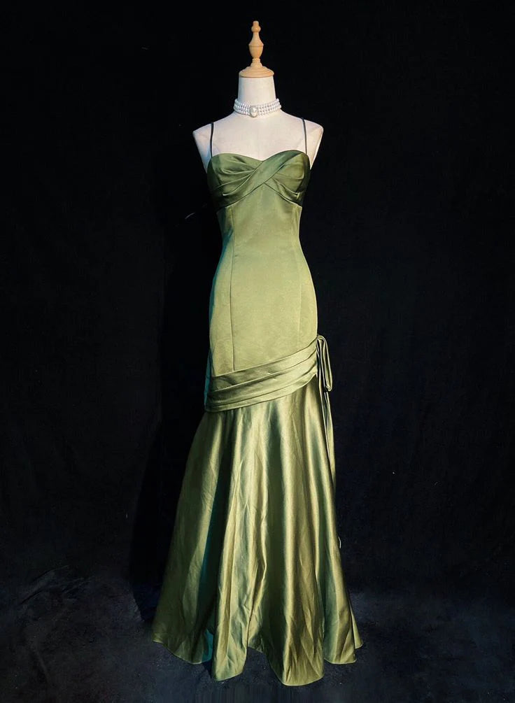 Simple green satin long lace up ballroom dress formal dress