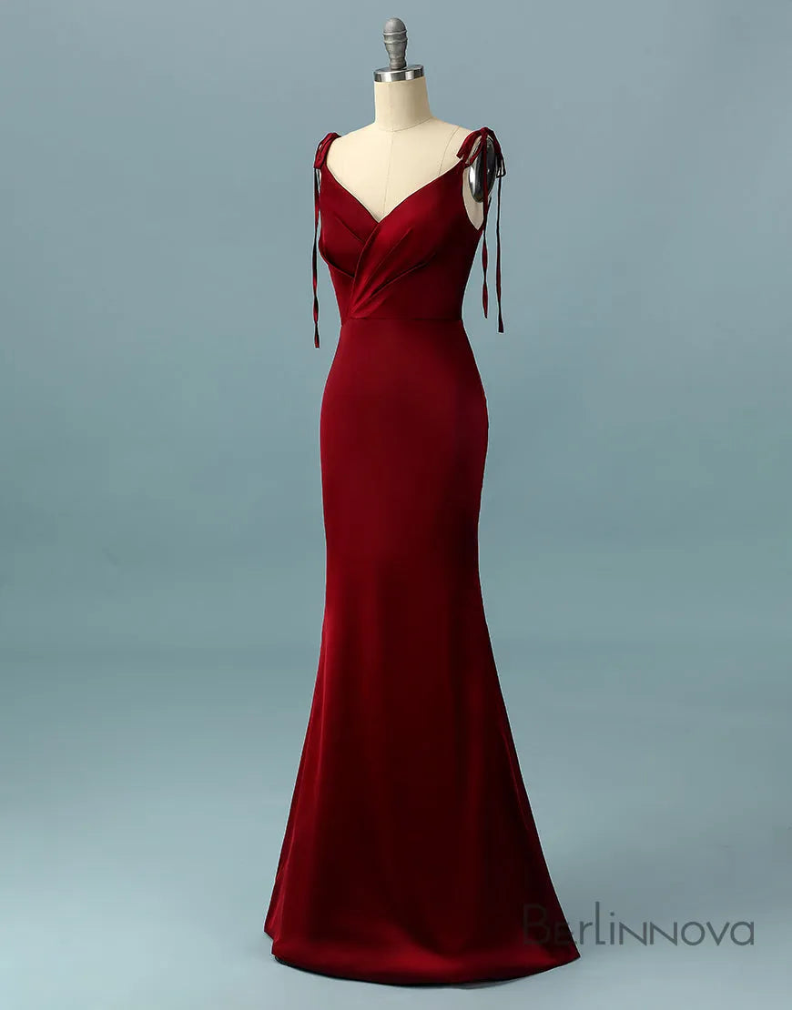 Red Long Satin V-neck Mermaid Ball Dress Party Evening Dress