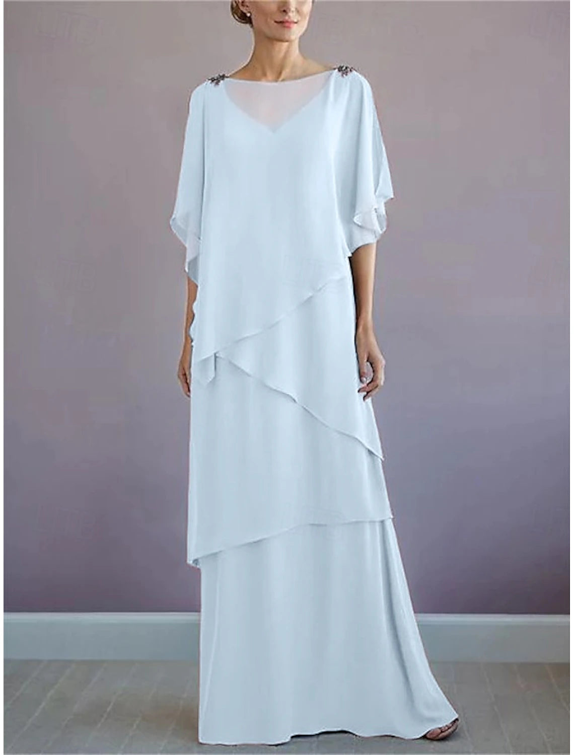 Beach Wedding A-Line Mother of the Bride Dress Formal Wedding Guest Elegant Bateau Neck Floor Length Chiffon Half Sleeve with Ruffles Draping Tier