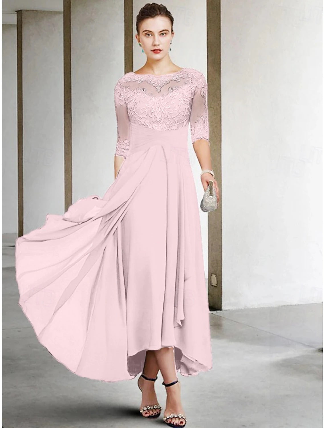 A-Line Mother of the Bride Dress Wedding Guest Elegant Plus Size High Low V Neck Asymmetrical Ankle Length Chiffon Lace Half Sleeve with Beading Appliques