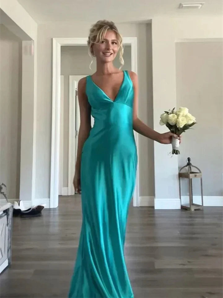 Classy A line V Neckline Satin Sleeveless Long Prom Dress Satin Simple Evening Dress