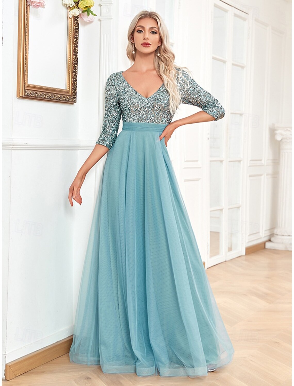 A-Line Prom Dresses Glittering Dress Formal Wedding Floor Length Long Sleeve V Neck Tulle with Glitter