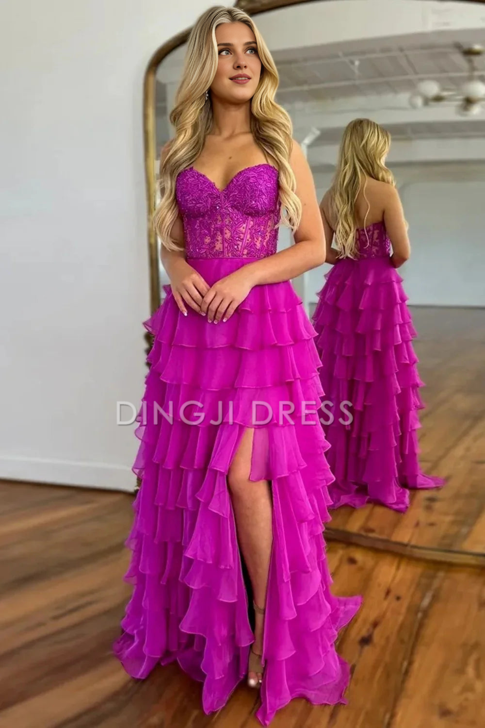 DingJiDress Elegant A-Line Sweetheart Lace And Chiffon layering With Slit Long Exquisite Prom Dress