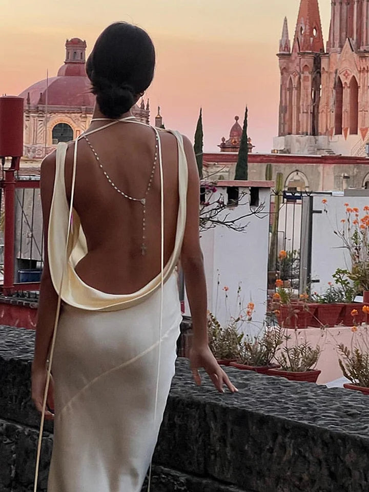 Spaghetti Strap Sexy Backless Satin Slip Maxi Dress For Women Fashion Outfits Sleeveless Gown Long Dresses Clothes