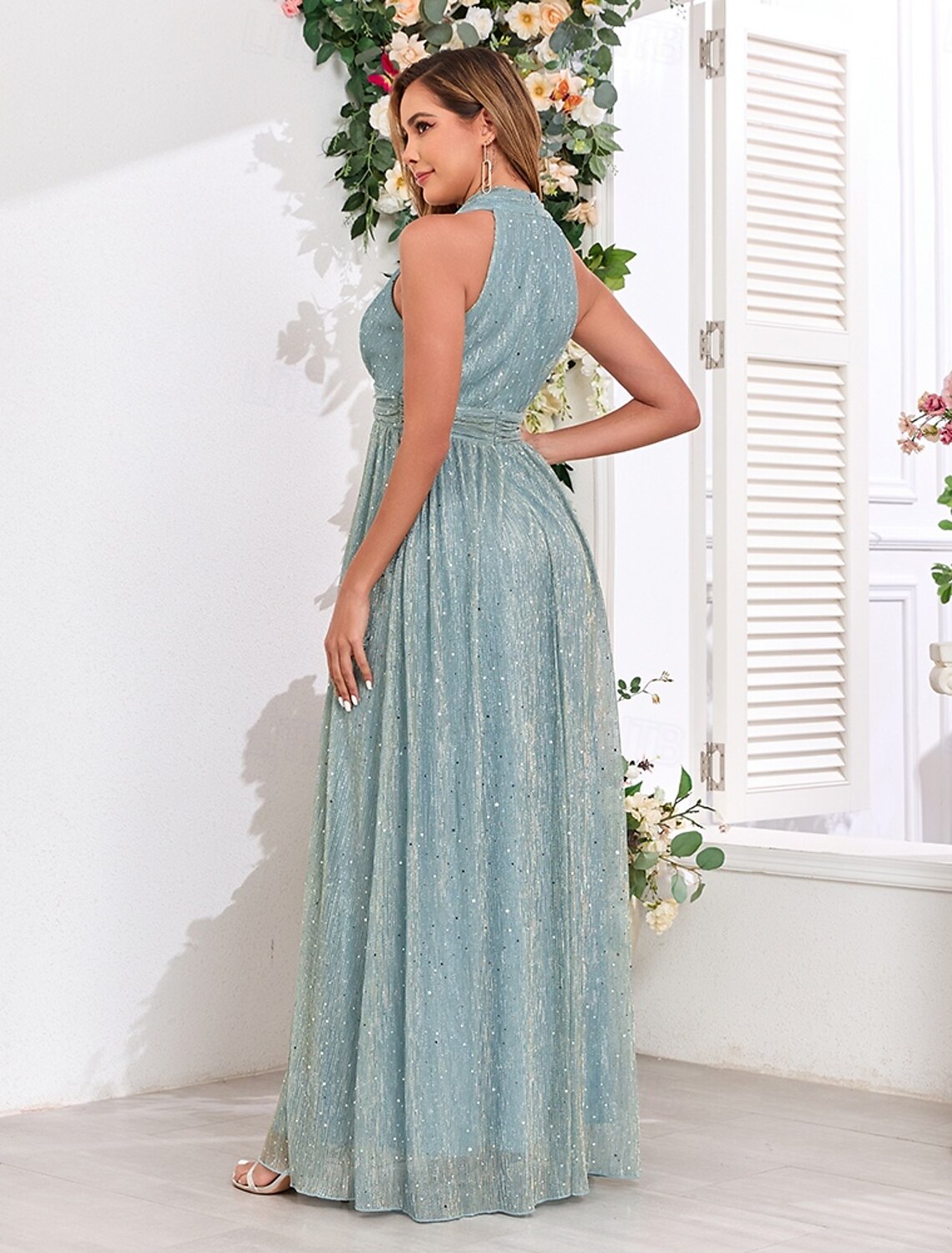 A-Line Wedding Guest Dresses Elegant Dress Wedding Guest Party Wear Floor Length Sleeveless V Neck Fall Wedding Guest Cotton Blend with Sequin