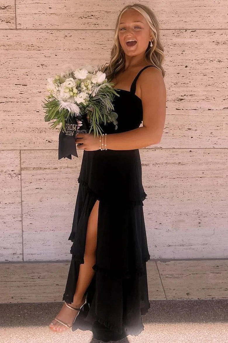 A-line lace up large pocket layered satin sleeveless formal ball dress with slit