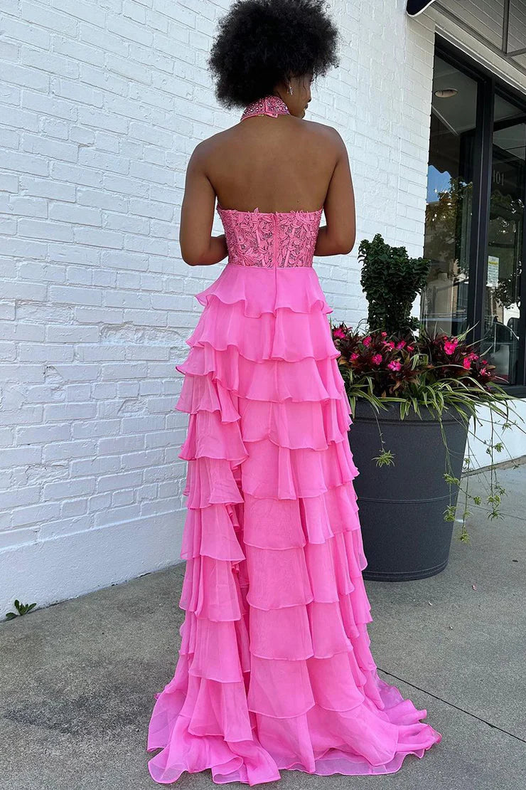Glamorous Pink A-Line Halter Neck Sleeveless flounce Back Zip  Floor-Length Prom Dress
