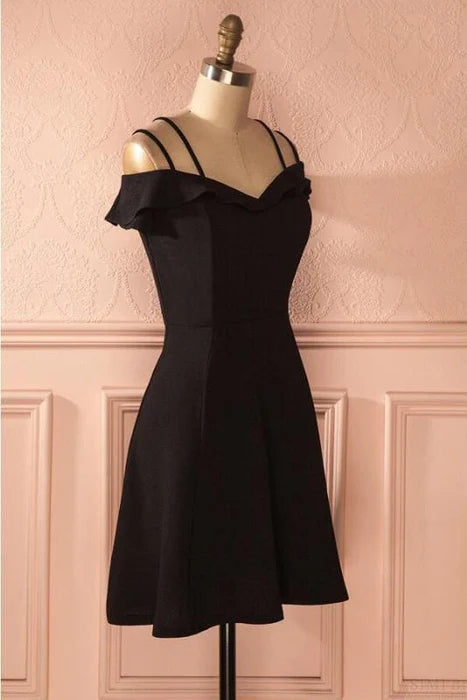 Simple Strap Black Short Satin Graduation Dresses A Line Ruched Homecoming Dress