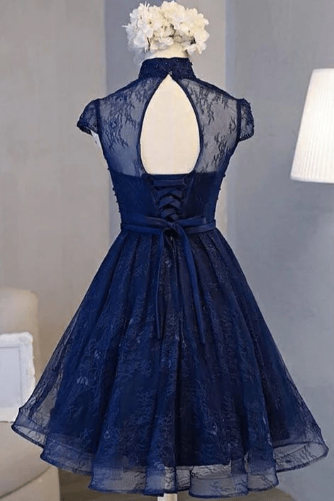 Navy Blue Lace Short Sleeve Knee-Length Homecoming DressNavy Blue Prom Dress