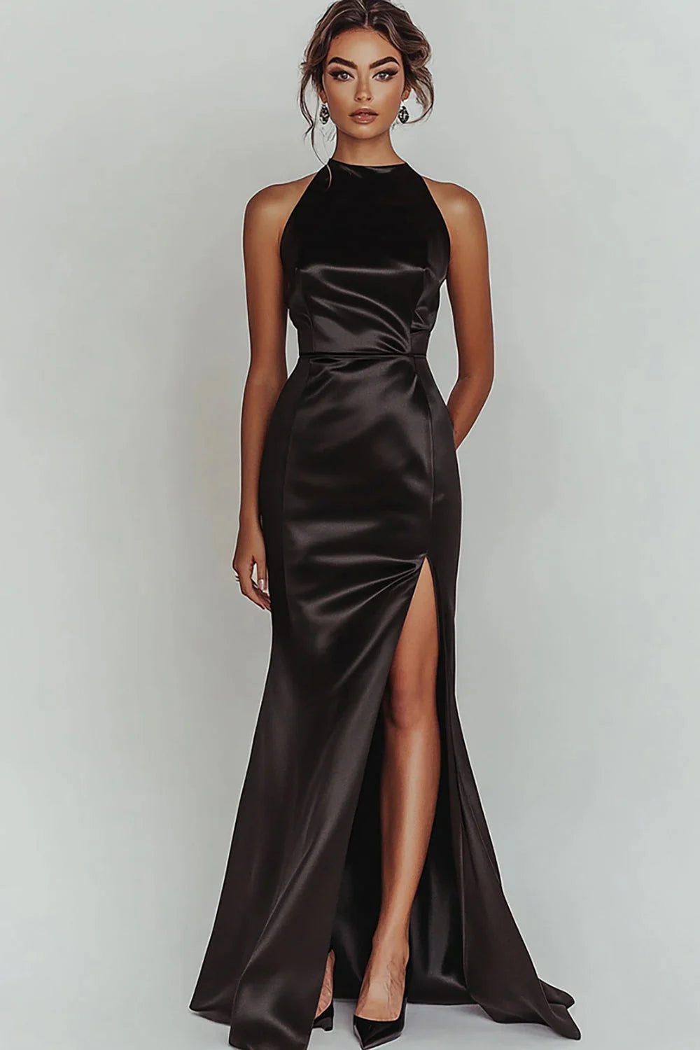 Black Satin High Neck Long Mermaid Prom Dress with Slit