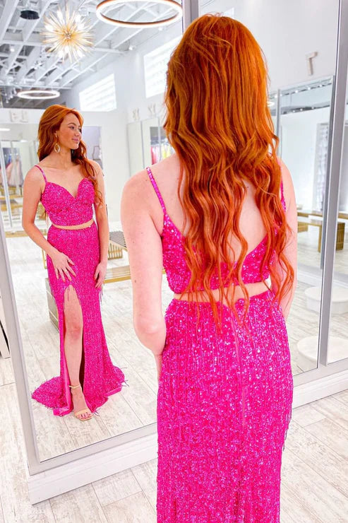 DingJiDress Long Prom Dresses Sparkly V Neck Sequins Two Piece Evening Dress