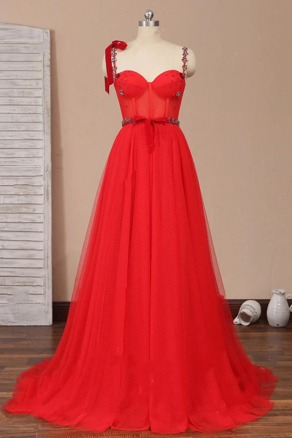 DingJiDress A Line Beaded Prom Dresses Tulle Straps Sweetheart