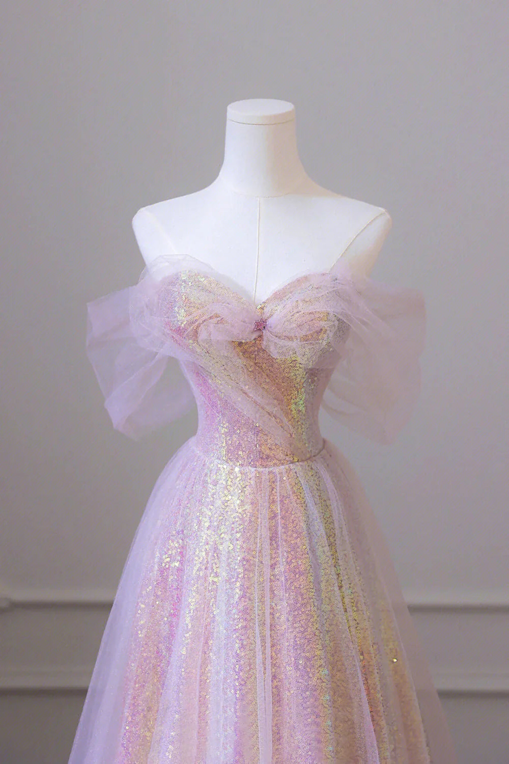DingJiDress Long Prom Dress A Line Off the Shoulder Champagne Sequins