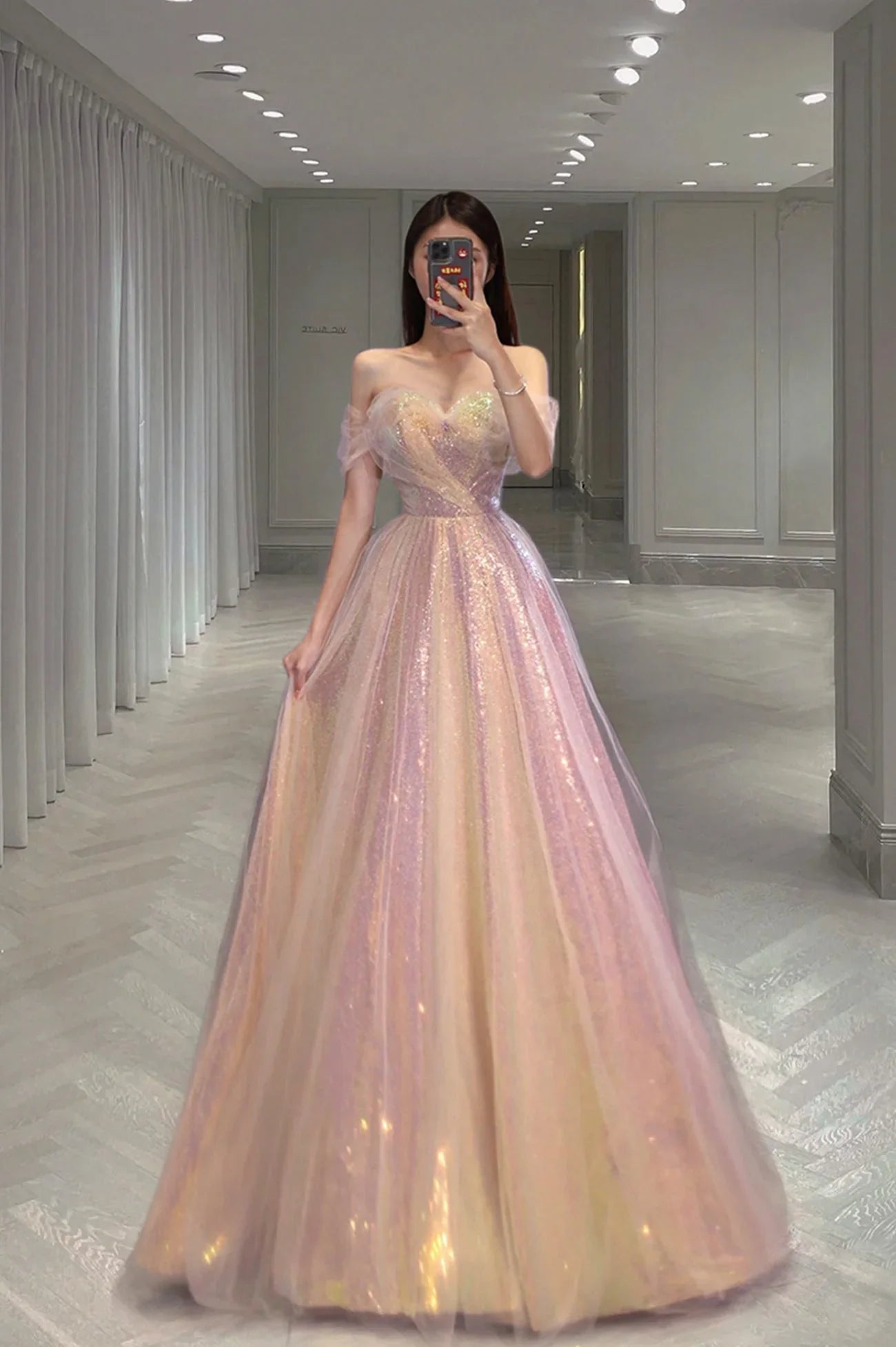 DingJiDress Long Prom Dress A Line Off the Shoulder Champagne Sequins