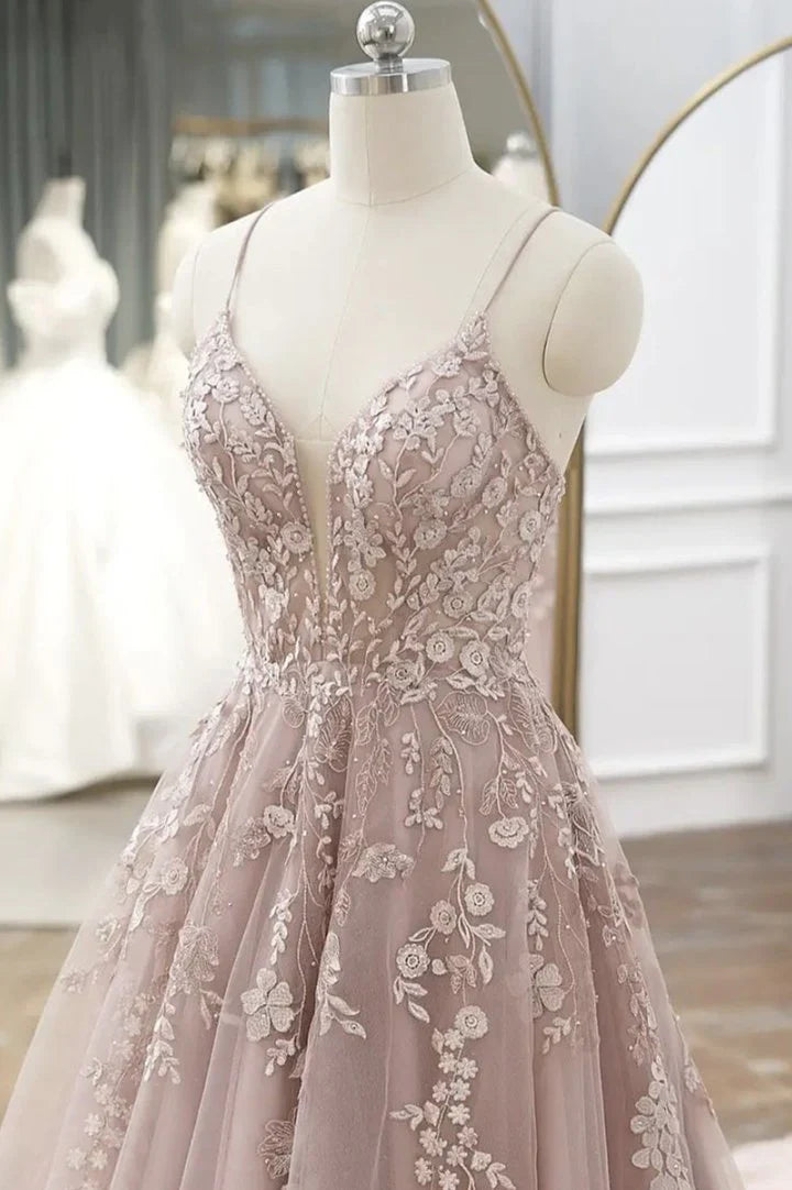 DingJiDress Prom Dresses A-Line/Princess Sleeveless V-Neck Floor-Length Applique Tulle