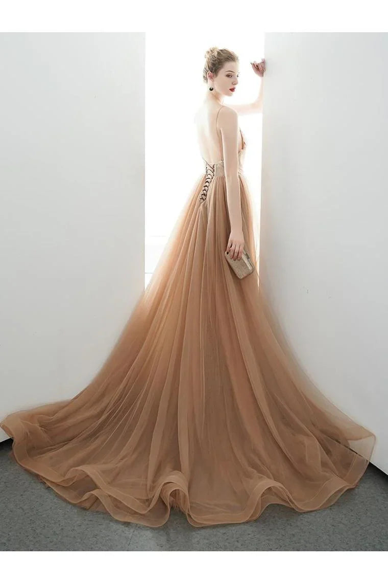 DingJiDress Formal Evening Dress A-Line Spaghetti Straps Tulle Long Appliques Prom Dresses