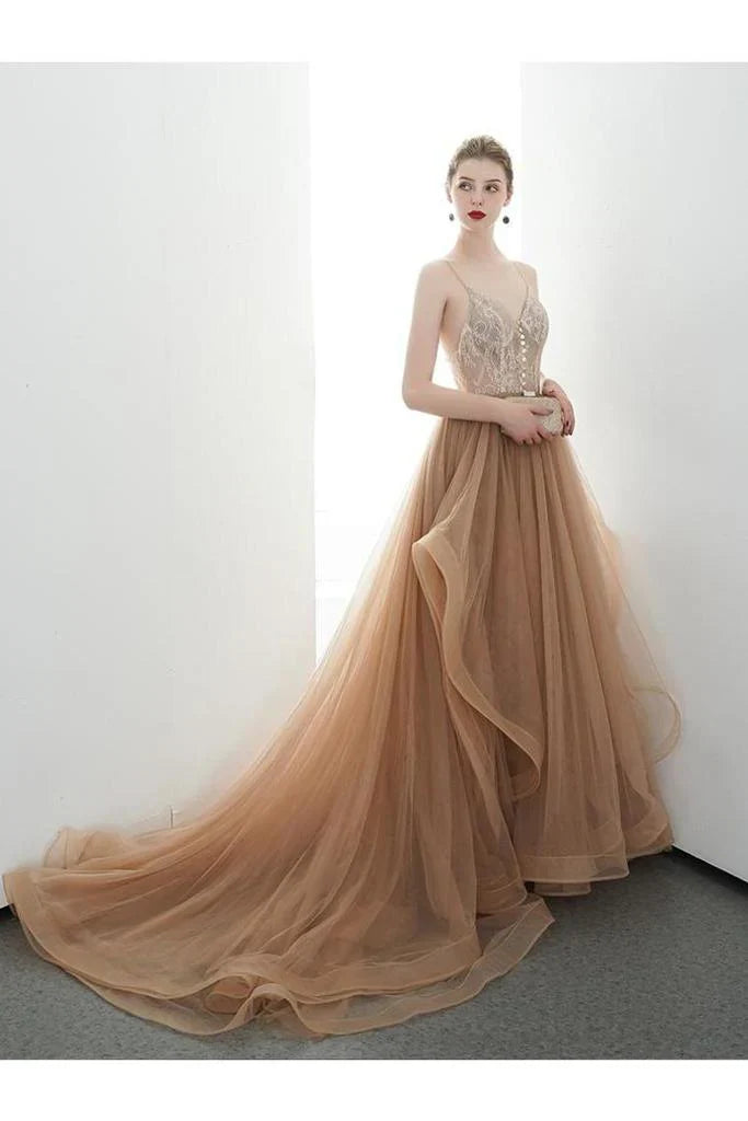 DingJiDress Formal Evening Dress A-Line Spaghetti Straps Tulle Long Appliques Prom Dresses