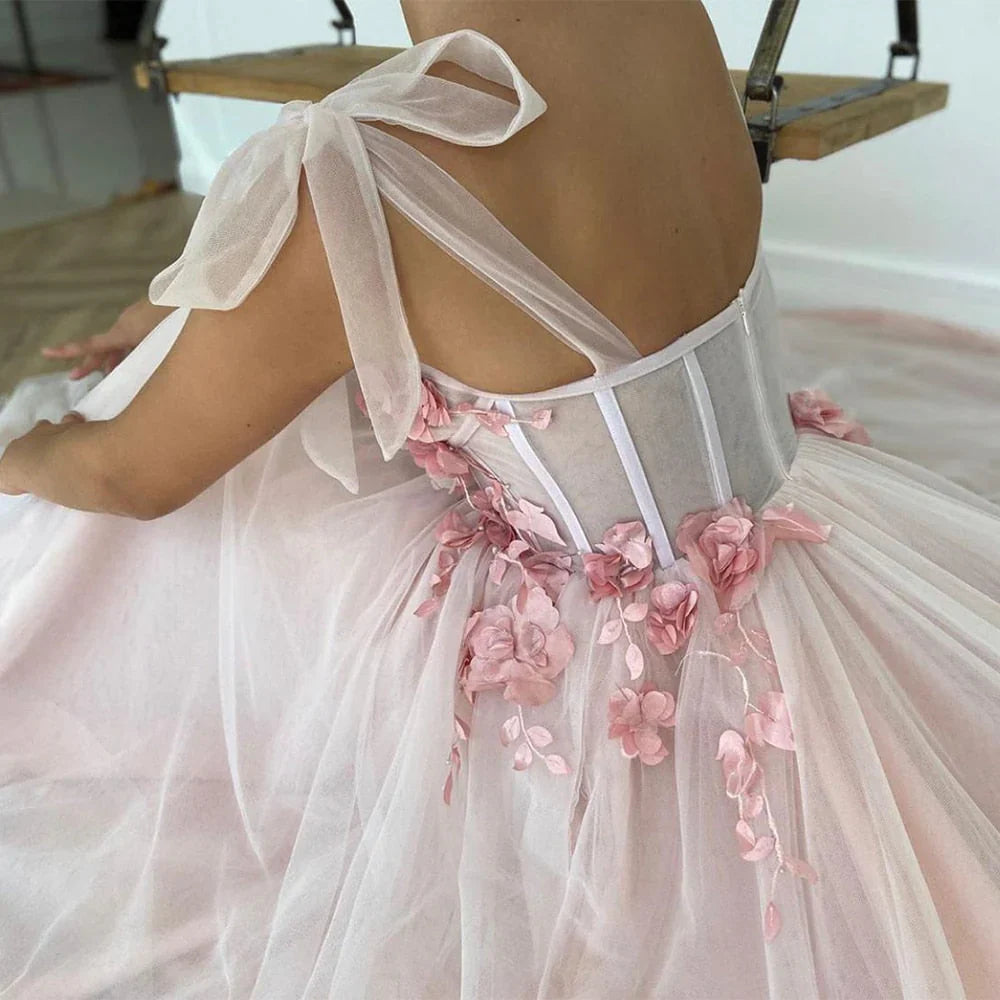Prom Dresses A-Line Sweetheart Tulle Applique Open Back Long with Flowers