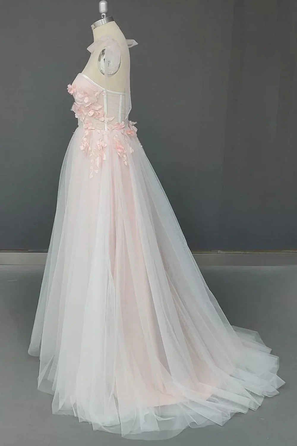 Prom Dresses A-Line Sweetheart Tulle Applique Open Back Long with Flowers