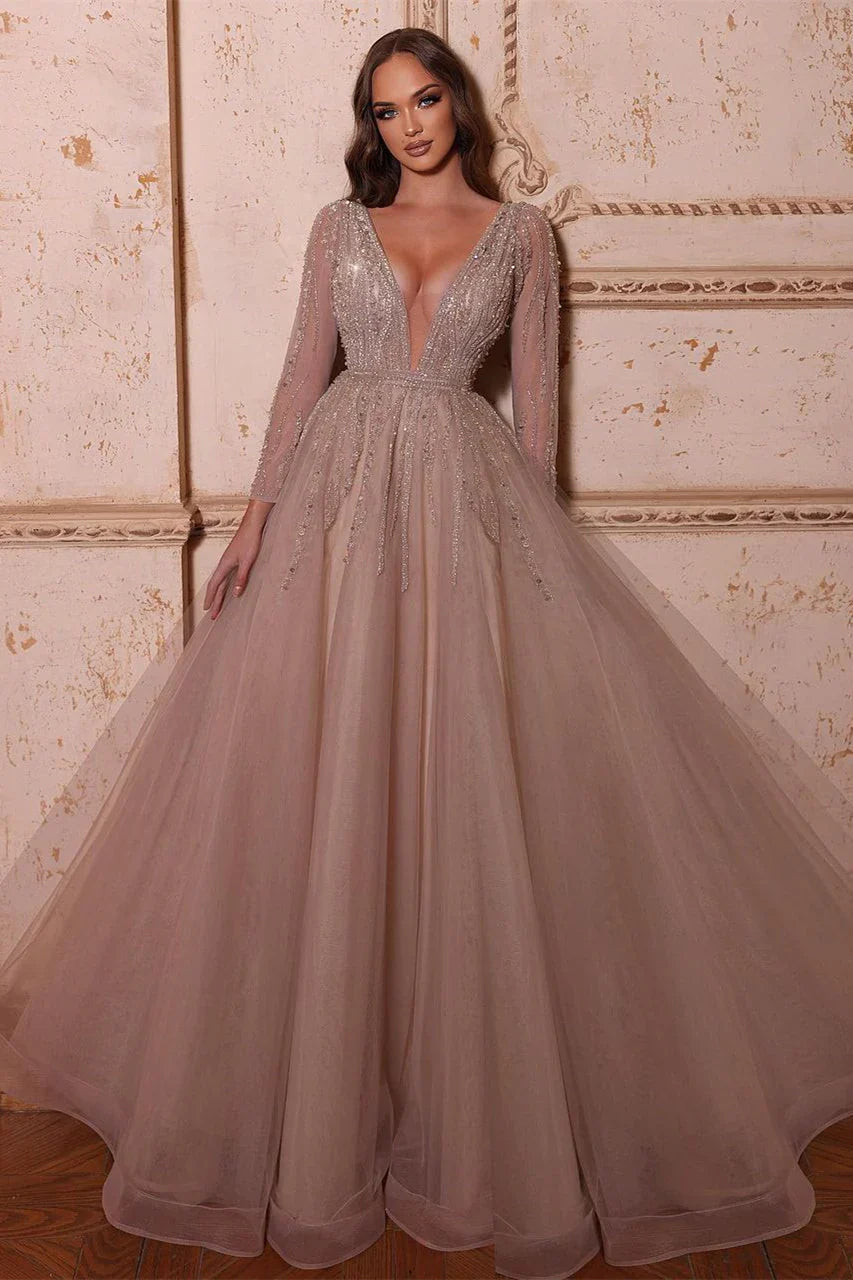 Prom Dresses A-Line V-Neck Long Sleeves Tulle Crystal Sequined Beading