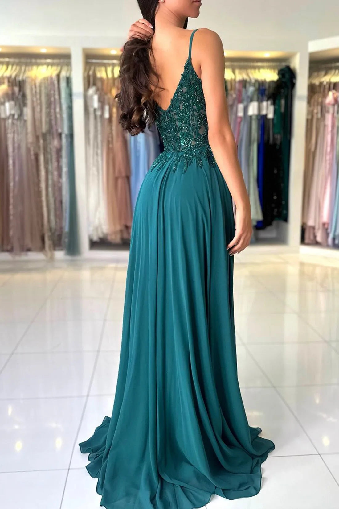 A-Line Chiffon Beaded Long Prom Dress Dark Green Spaghetti Strap Evening Dress