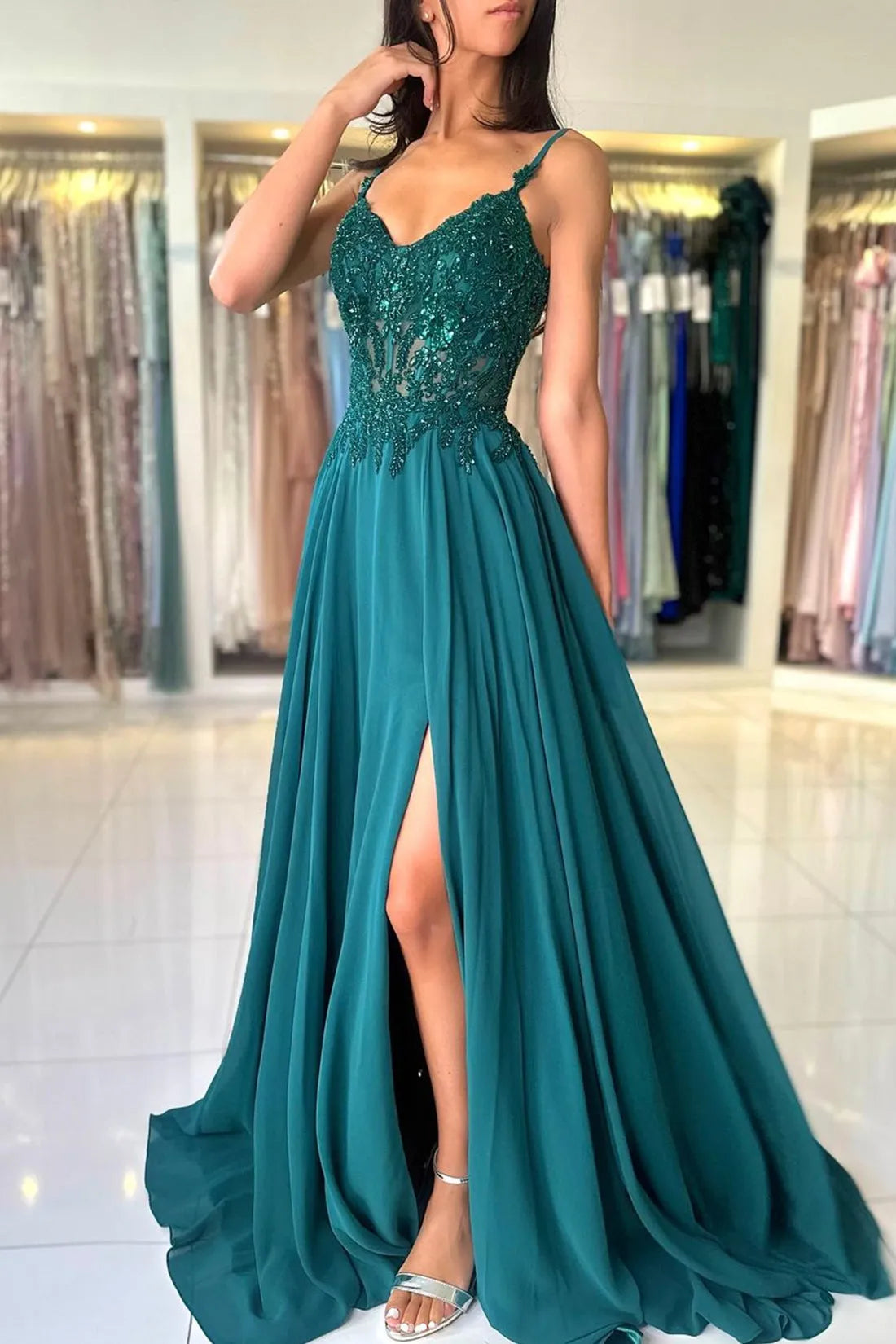 A-Line Chiffon Beaded Long Prom Dress Dark Green Spaghetti Strap Evening Dress